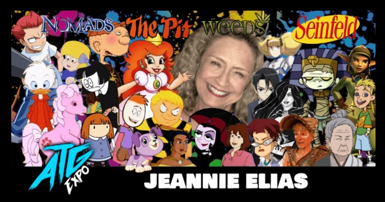 Promotional banner for voiceover artist Jeannie Elias, showing a portrait of herself surrounded by many of the characters she has voiced.  