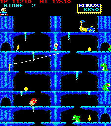 Screenshot from the Konami game Roc’n Rope, showing the player in a blue platforer level. 