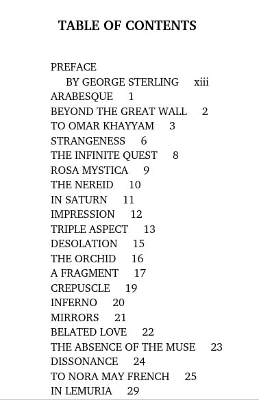 Table of contents for Ebony and Crystal by Clark Ashton Smith. The Preface, part of the front matter, is on page xiii, while the first poem, Arabesque, is on page 1.