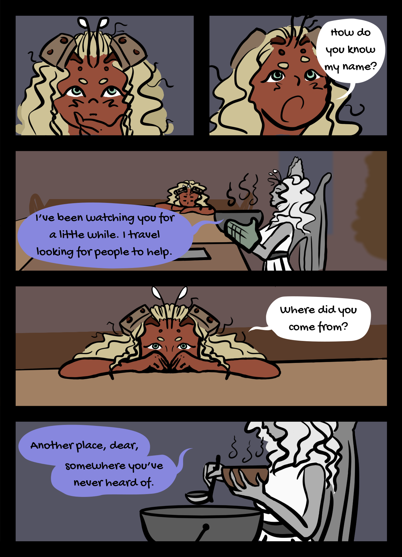 Page 14: An alien girl, named Sallina, asks questions as a winged woman serves homemade soup at a table.