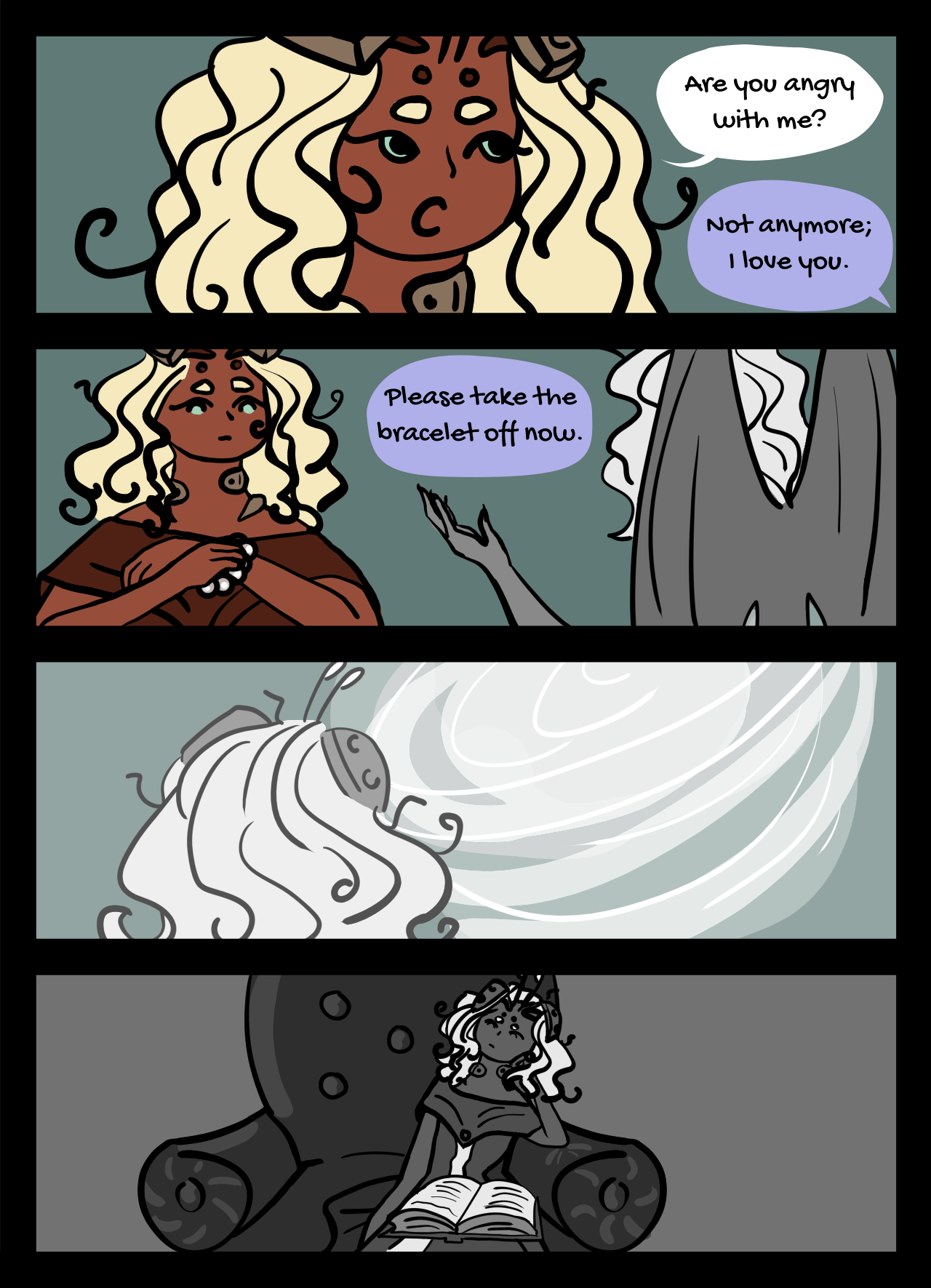 Page 29: A winged woman, named Crystal, asks an alien girl to remove her bracelet. When the girl does, the woman disappears in a swirl of light.