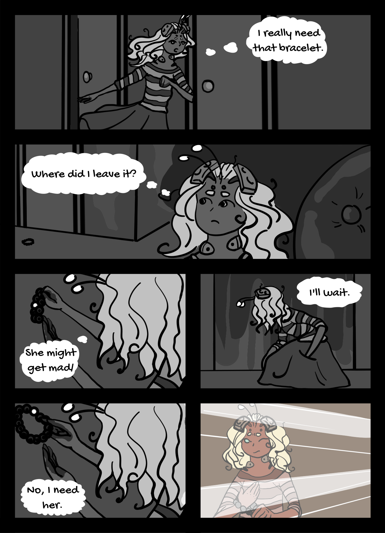 Page 33: An alien girl scours her house for a bracelet, then hesitates before wearing it. Her friend might get mad for being called again. The girl puts the bracelet on and light streams into the room.