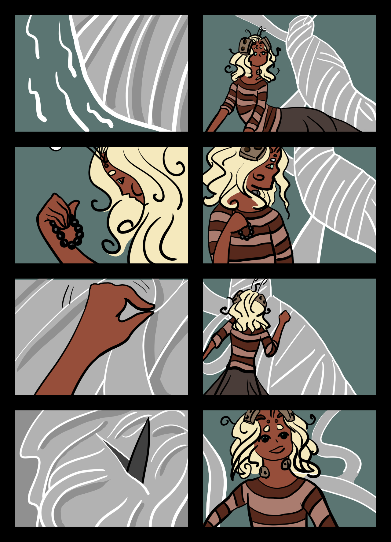 Page 37: An alien girl awakes as a human-sized cocoon rustles. A blade from inside the cocoon opens it.