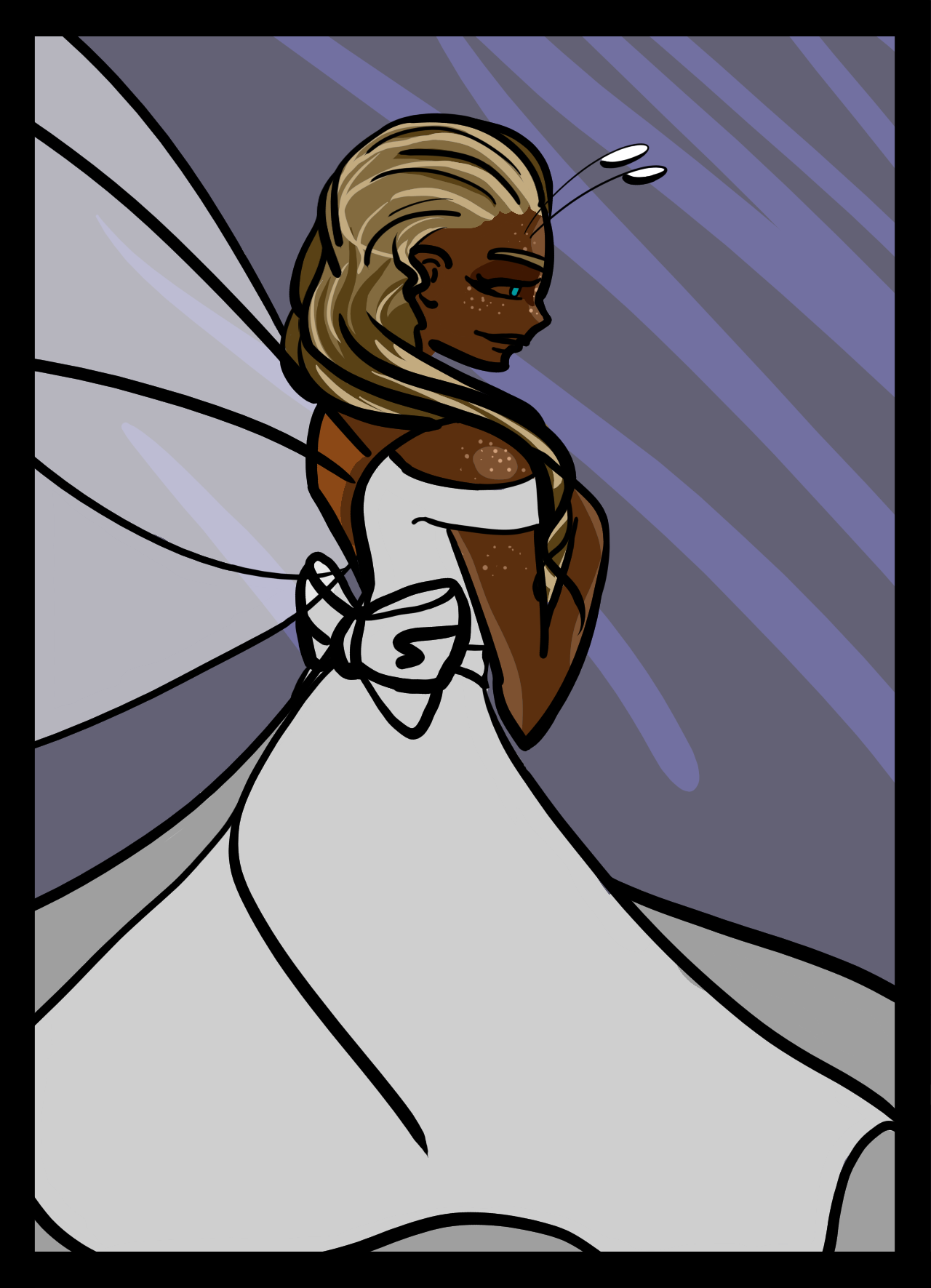 Page 39: A young woman is wearing a silk, backless dress. Fairy-like wings protrude from her back and straight hair sweeps over her shoulders. She has a button nose, short jaw, and delicate antennae coming out of her forehead.