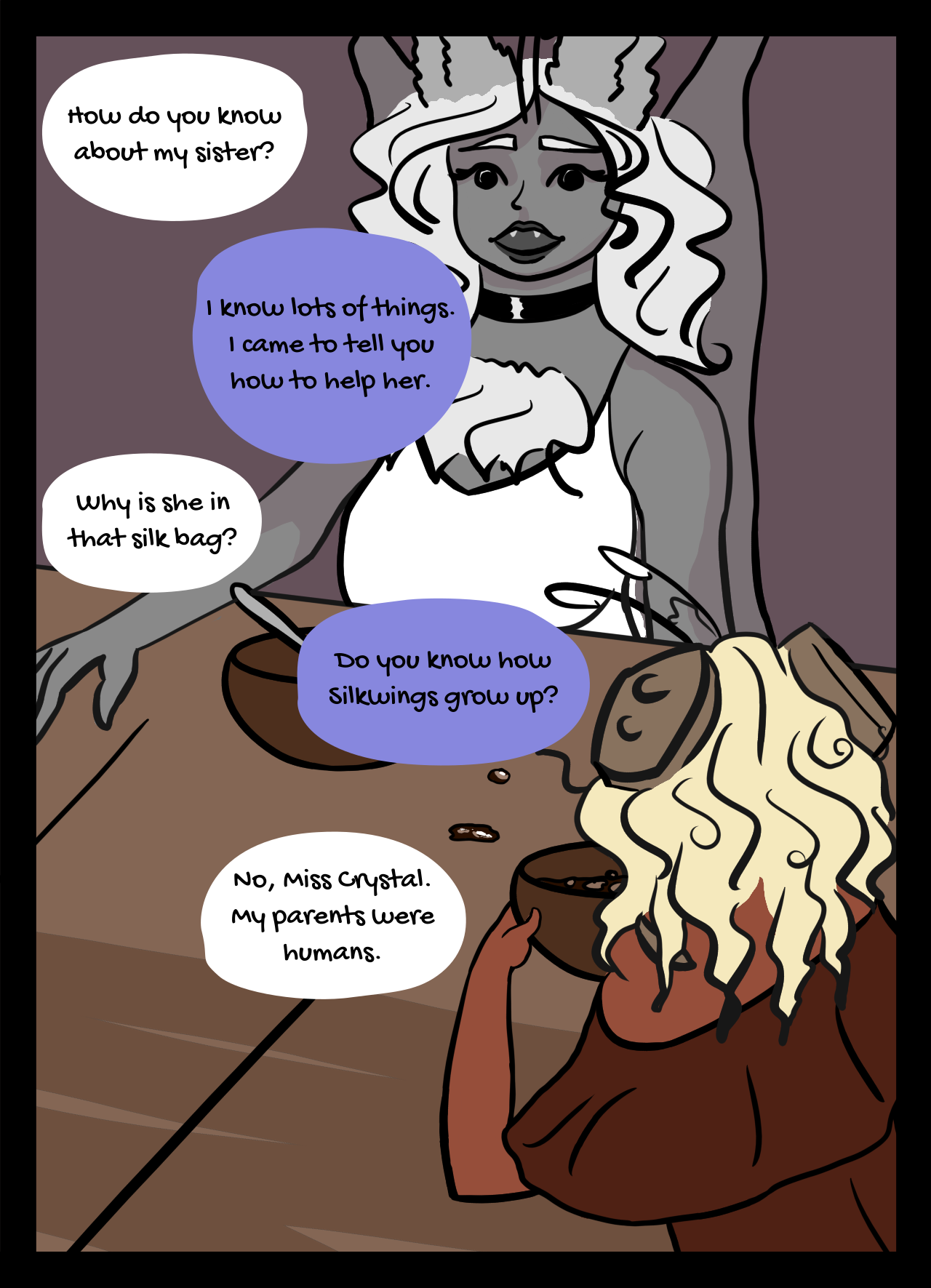 Page 17: An alien girl asks a winged woman, named Crystal, how she knows her sister. Crystal asks her if she knows how silkwings grow up.