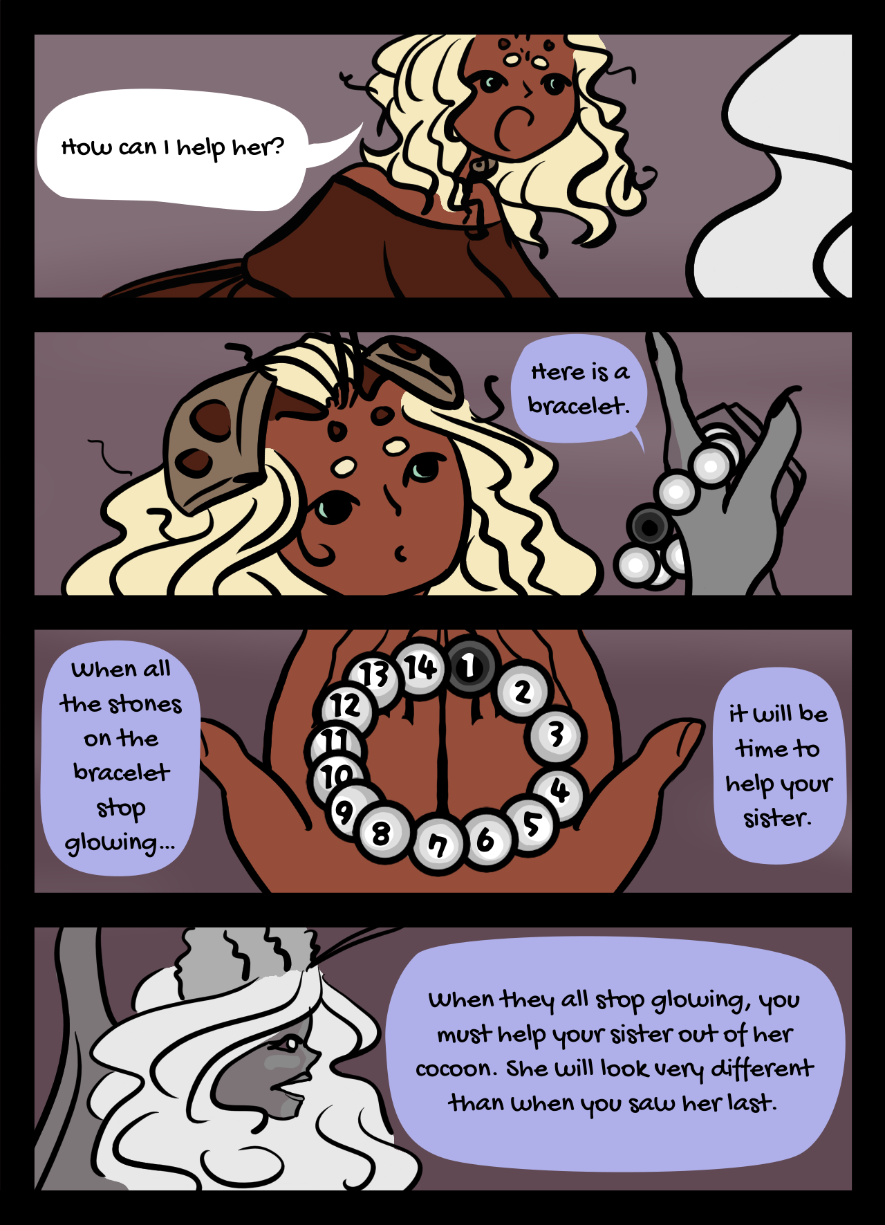 Page 20: An alien girl holds a bracelet, made of 14 beads. A winged woman, named Crystal, tells her that she must help her sister hatch when all the beads stop glowing.