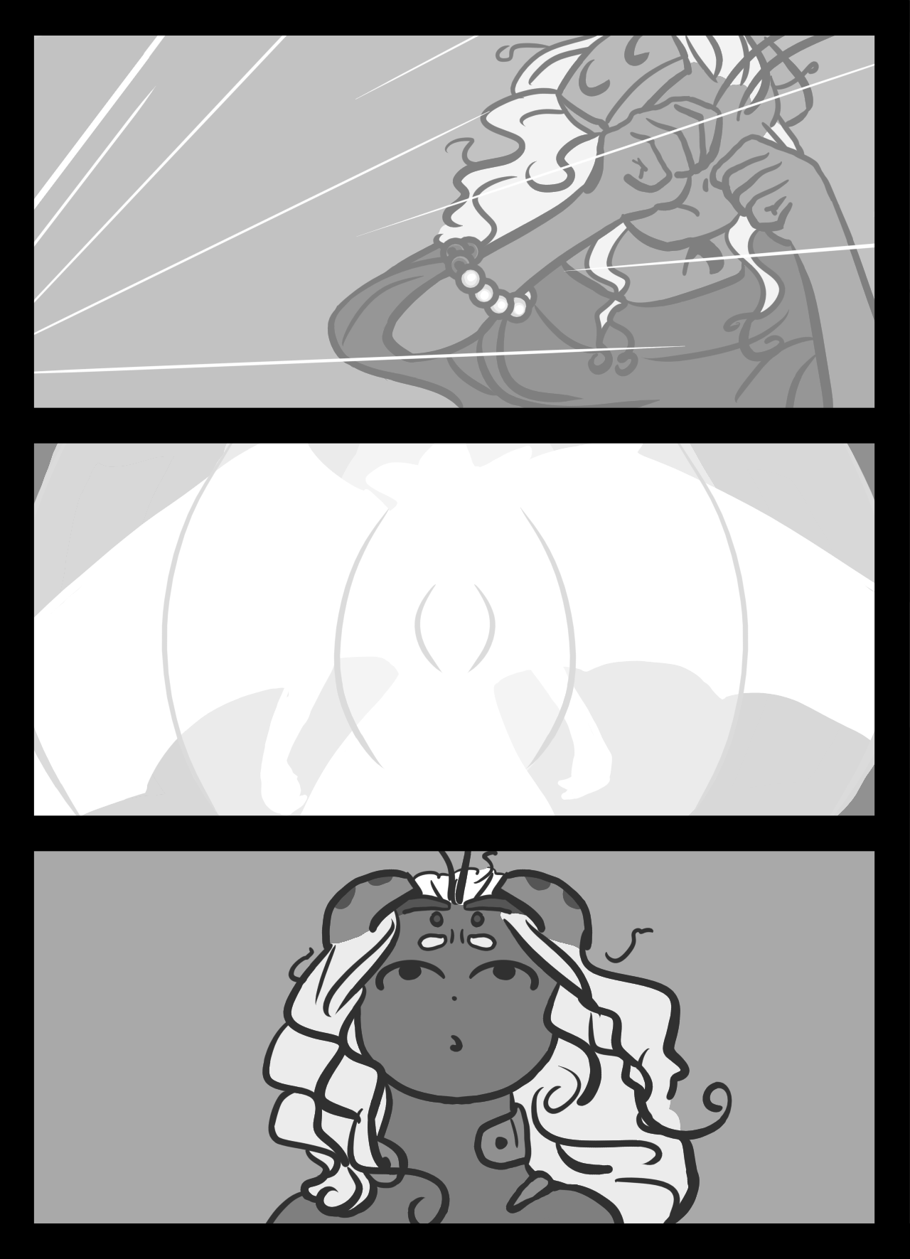 Page 25: An alien girl covers her eyes as the room fills with light. She looks up in surprise after the light fades.