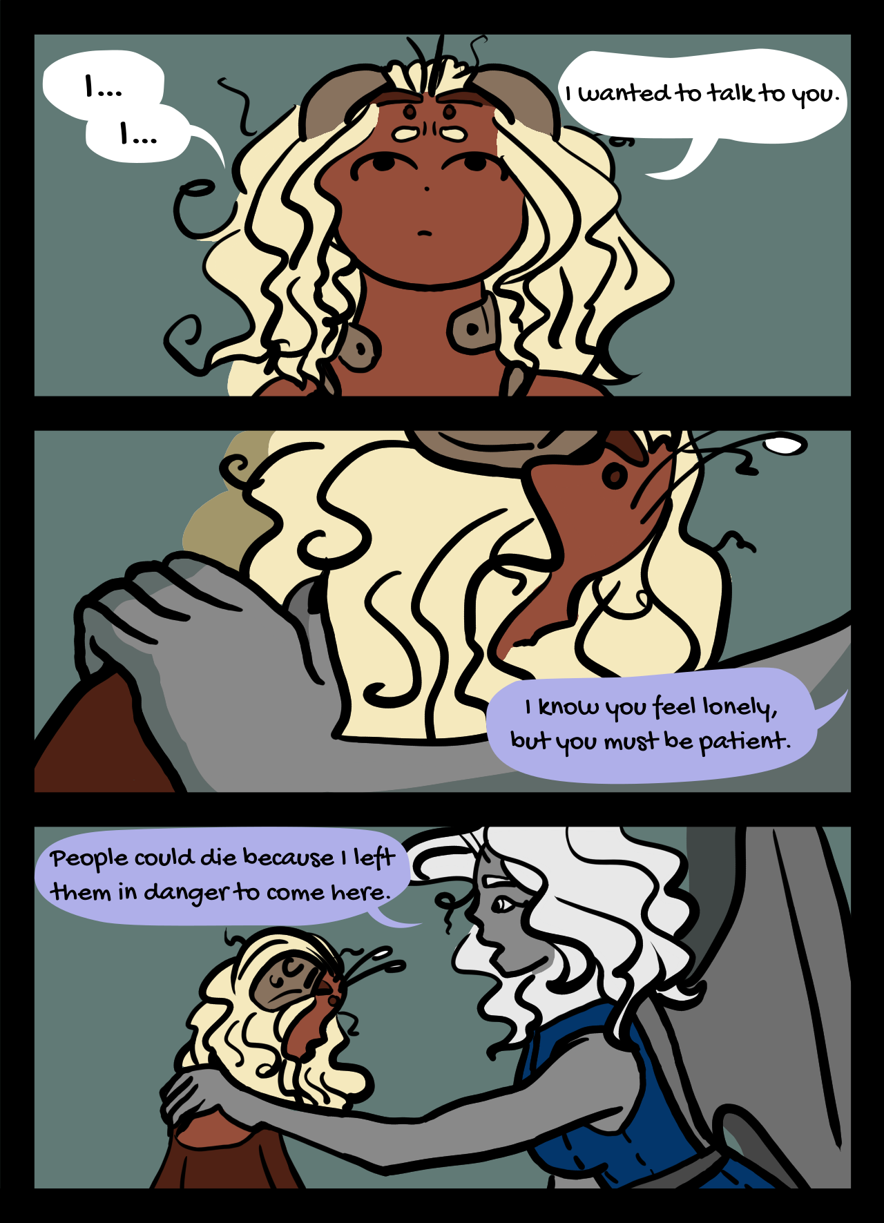 Page 27: An alien girl hangs her head. She wears a special bracelet, that summoned a winged woman. The woman tells her to be patient.
