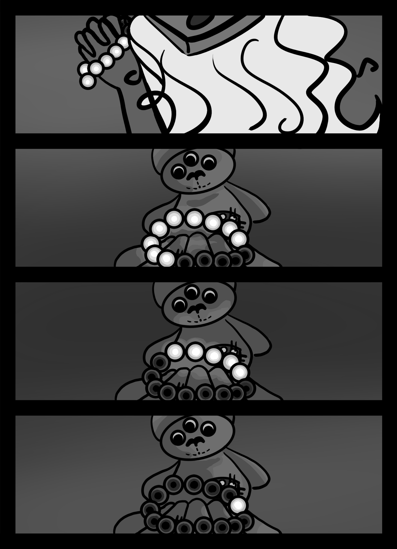 Page 30: An alien girl clasps her hands together in prayer, while she holds a glowing, bead bracelet. Then, a three-eyed teddy bear holds the bracelet as the beads gradually stop glowing.