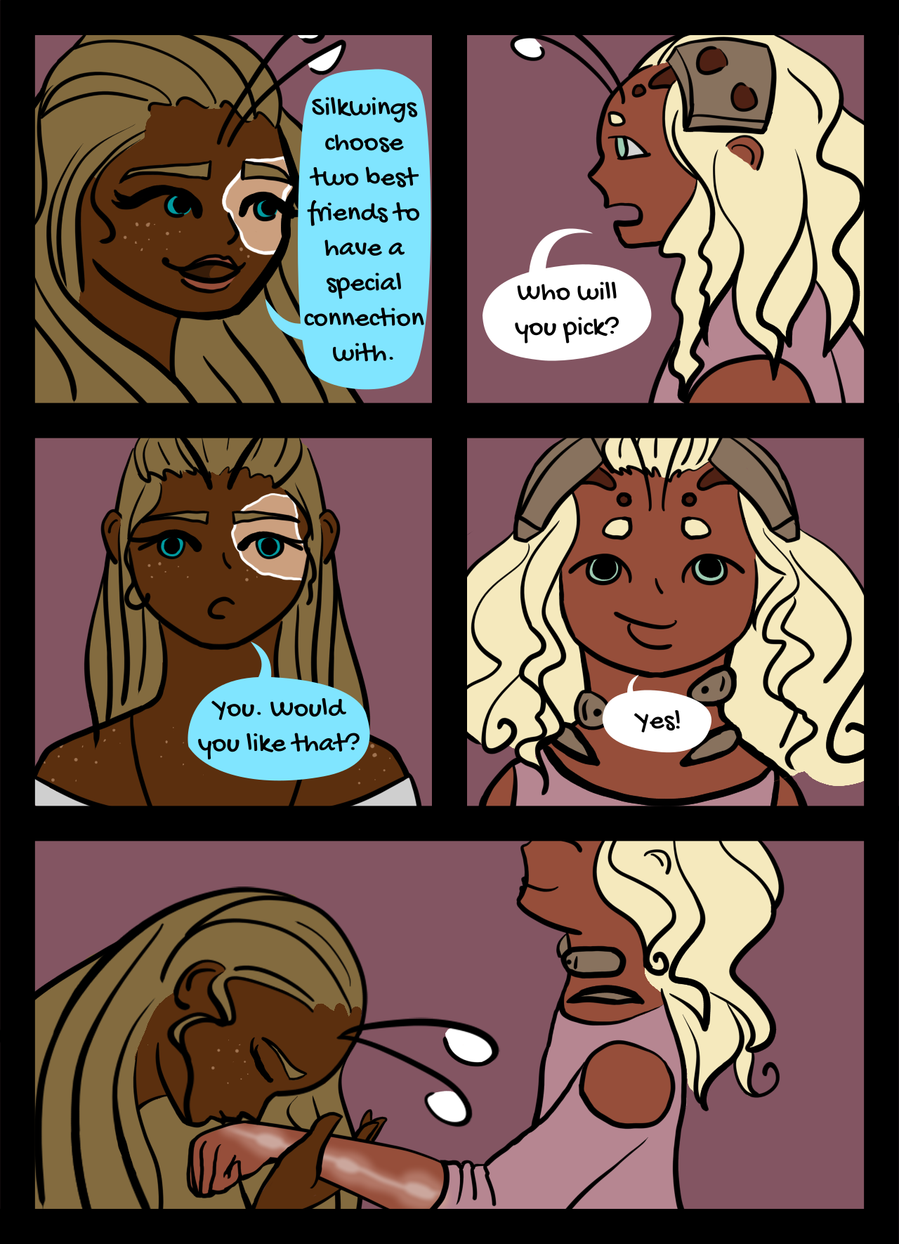 Page 42: A young woman, with fairy-like wings and shoulder-length hair, asks her sister, Sallina, if she wants to be one of her two special friends. Sallina agrees, so the woman kisses Sallina’s wrist to create her connection as a silkwing.