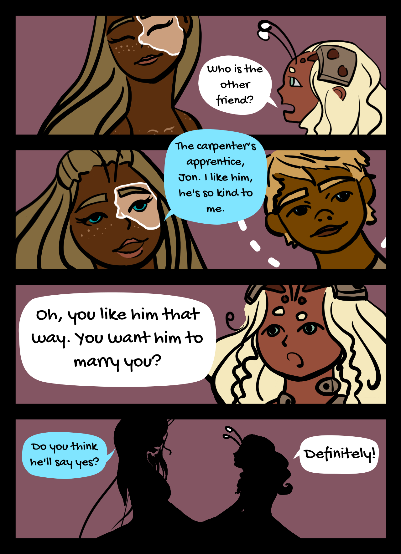 Page 43: An alien girl asks her sister, Charlea, who the second person she will share a connection with is. Charlea sister daydreams of Jon. The girls agree that Jon will want to marry Charlea.