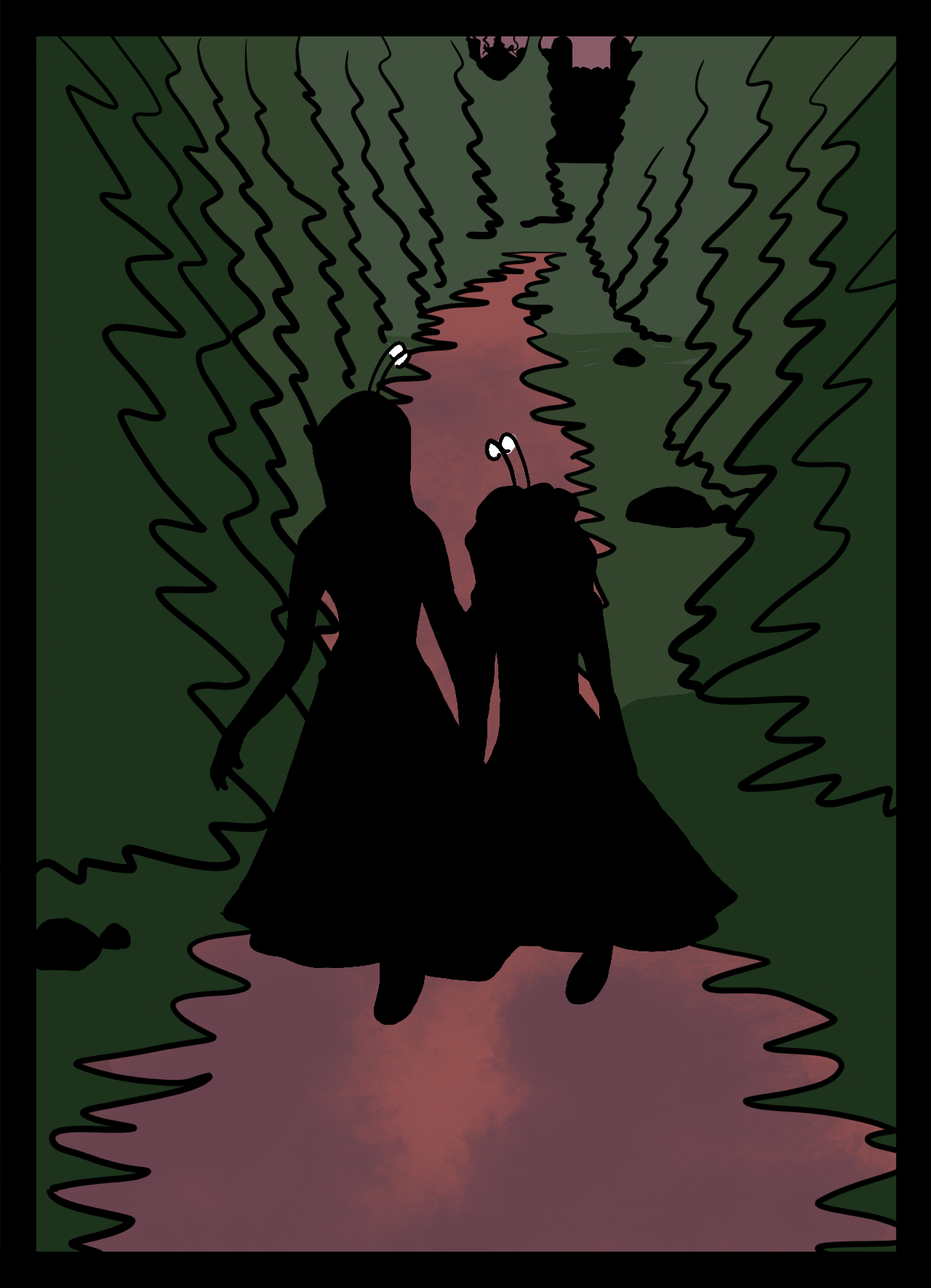 Page 44: A young woman, holds her little sister’s hand as they walk on a path in the woods. Both girls have insect-like antennae coming out of their heads. They also have long dresses.