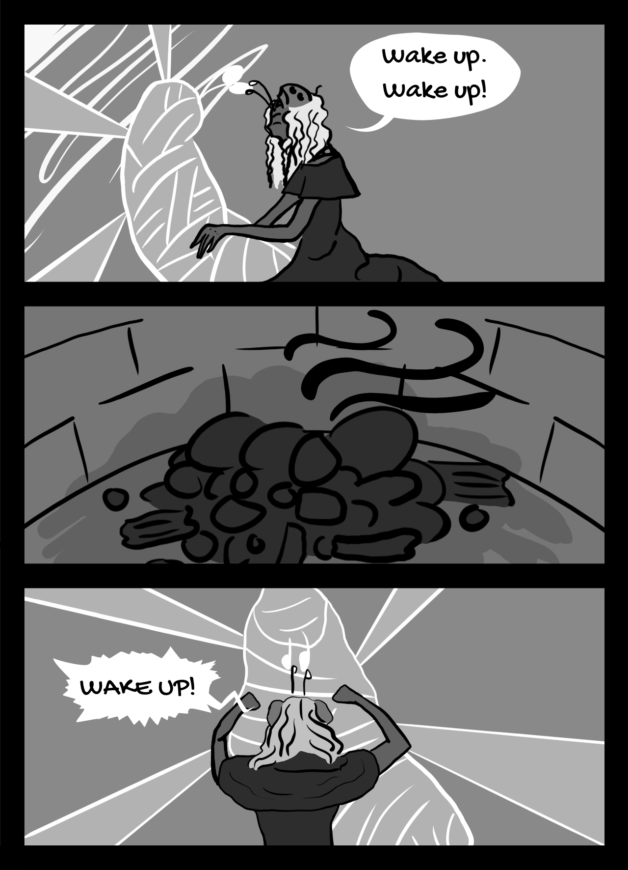 Page 7: An alien girl, named Sallina, shakes a human-sized cocoon, begging for the person inside to wake up.