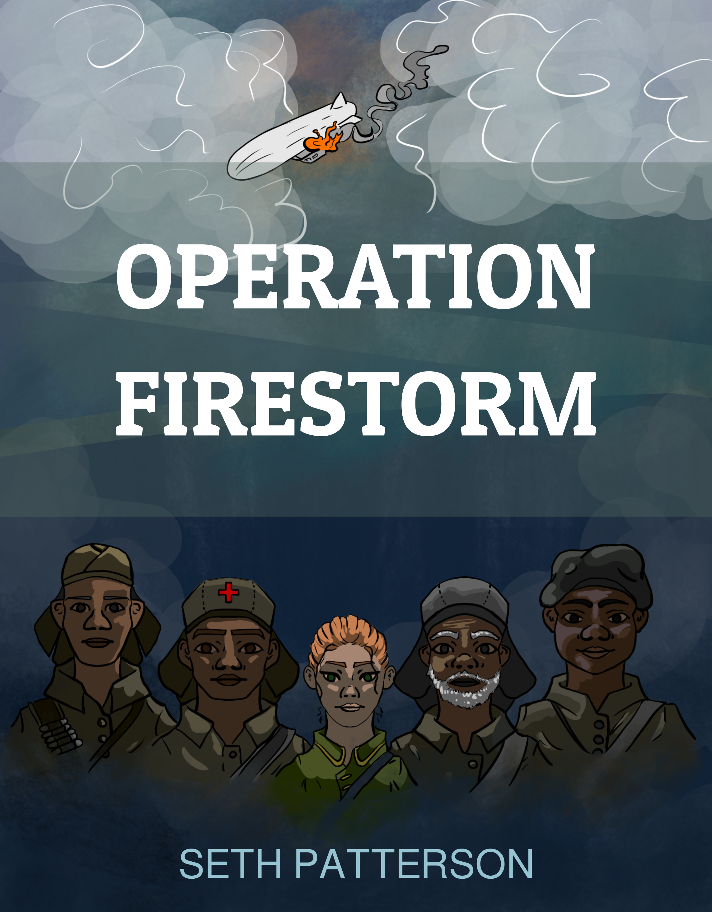 Illustrated book cover: Atop the page, a burning airship hurtles to the ground. At the bottom are five soldiers (Hard, Cougar, Sgt. Desmond Alish, Cotton, and Song). Hard wears a sunhat and bandolier. Cougar's hat has a medic's cross on it. Sgt. Alish has a red-blond ponytail and a light green uniform. Cotton has a white beard and sunhat. Song has a baby face and lumpy cap.