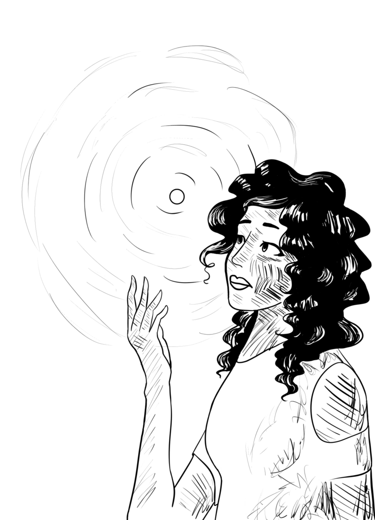 A young, human woman holds up an eye-sized orb of twilight while she stares at it. She has curly hair and a silk dress.