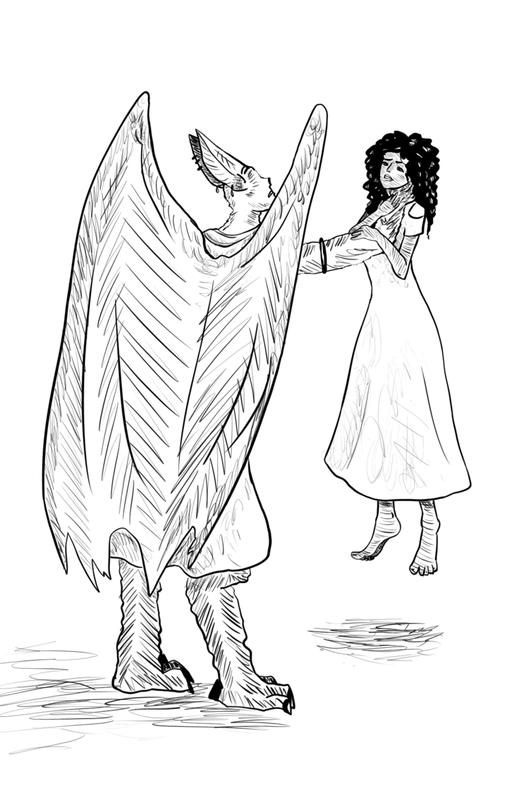 A tall man, with bat-ears and bat-wings, holds a human girl above the ground by her throat. She grasps his hand to try to pry herself free. The woman has curly hair and a silk dress. The man has a silver bangle on his right elbow.