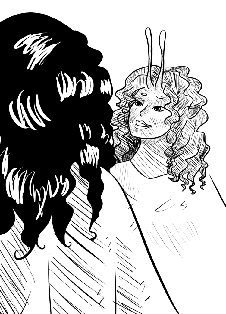 Facing away from the audience, a woman, with dark, curly hair, looks at a young woman. The young woman has light, curly hair, two antennae on her forehead, and pointed ears. She smiles lovingly at the dark-haired woman.