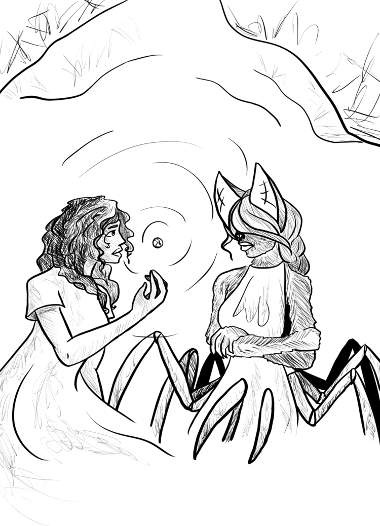A young, human woman holds up a glowing orb and looks at a spider-woman's face. The spider woman has crossed arms, bat-ears, spider-legs, and no eyes. A thick braid runs over her left shoulder and she wears a sleeveless, silk dress that flatters her attractive form. Both women are in a room with a natural, stone ceiling.