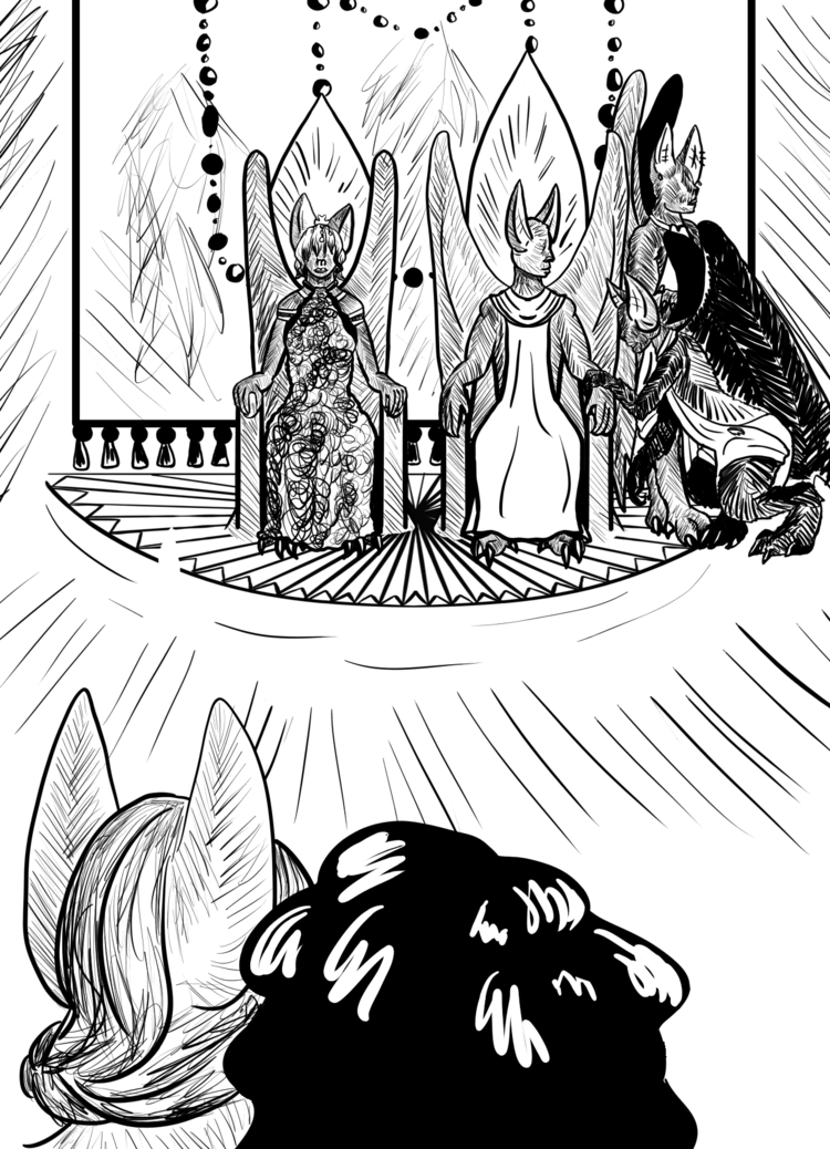 A woman with thick, gray hair and bat-ears, stands next to a human woman, with  dark, curly hair. They face two thrones. The left throne holds a queen with bat-ears and a dress made of jewels. The right throne holds a king, with bat-ears and a sleeveless tunic. He faces a messenger, who holds his hand on the king's left wrist. Behind the messenger, another bat-person faces away from the women.