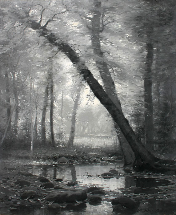 A black-and-white illustration of a quiet forest