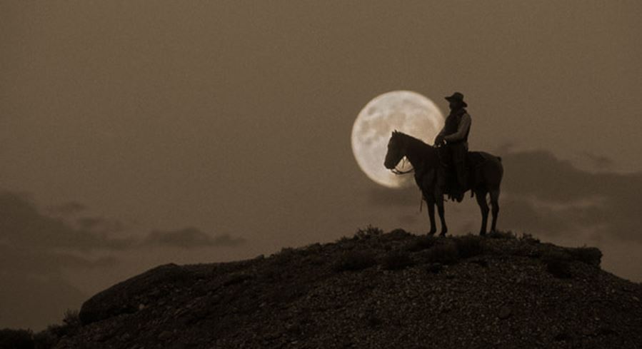 A cowboy on horseback is silhouetted by the moon.