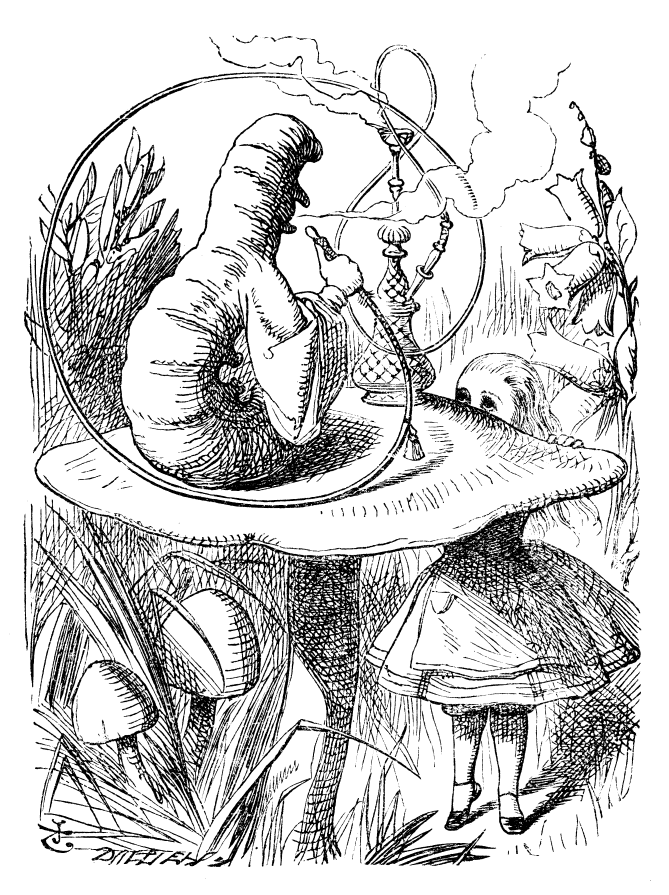 Illustration for Alice's Adventures in Wonderland, showing Alice meeting the Caterpillar