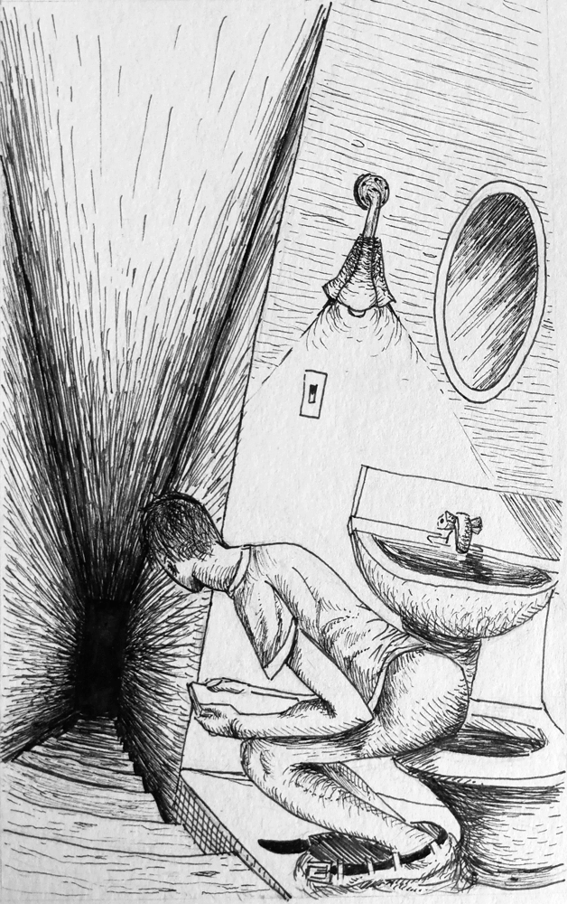Illustration showing the main character sitting on a toilet set within the alcove of a stairwell that leads down to total darkness.