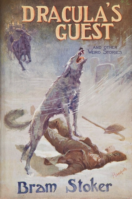Original jacket art for Bram Stoker's short story collection Dracula's Guest, showing a howling wolf standing on the body of a man lying in the snow, as a horse-drawn wagon comes to the rescue