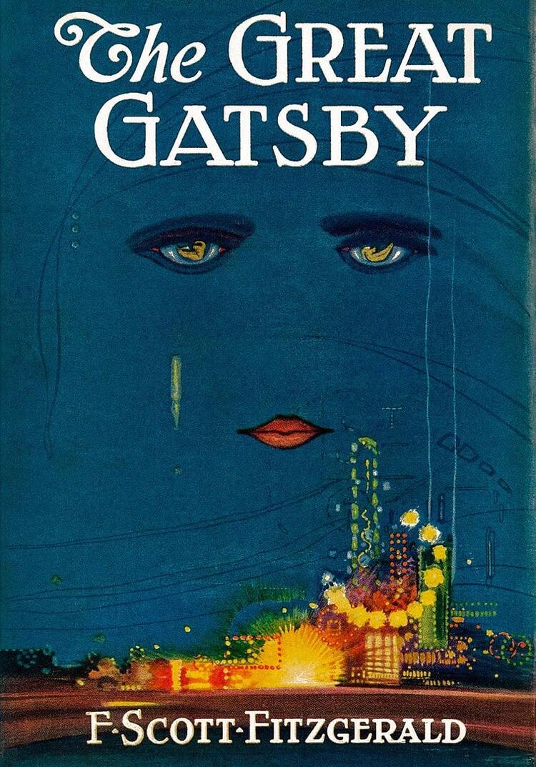 Cover for the first edition of The Great Gatsby, showing a fantastical cityscape at night, over which looms the ghostly image of a woman's face.