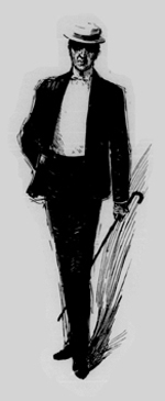 Drawing of a man in a suit with white tie, wearing a hat and carrying a cane. 