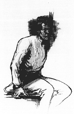Drawing of a man sitting on the edge of the bed with a frightened look on his face