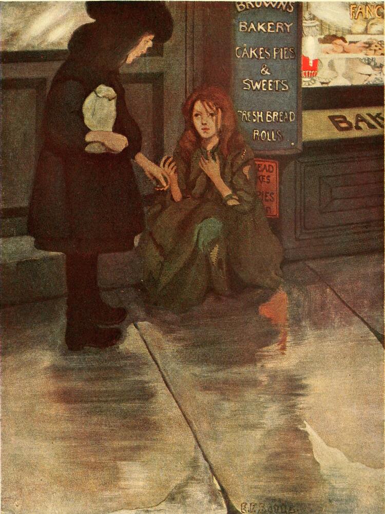 Outside the bake shop, Sara comes across a beggar girl in the street.