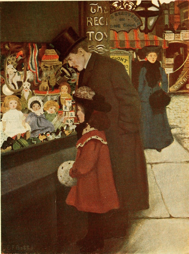 Sara and her family look into a toy shop window, where she sees her doll, Emily.
