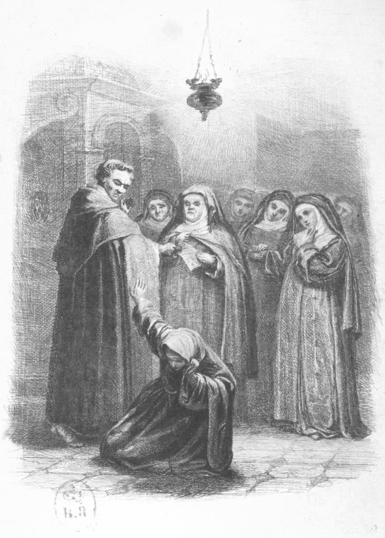 The Monk and the Prioress look down at Agnes, begging on the floor for mercy.