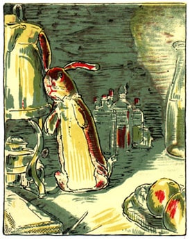 The Velveteen Rabbit lies against a tea kettle amidst piles of medicine bottles, as it learns the doctor wants him destroyed.