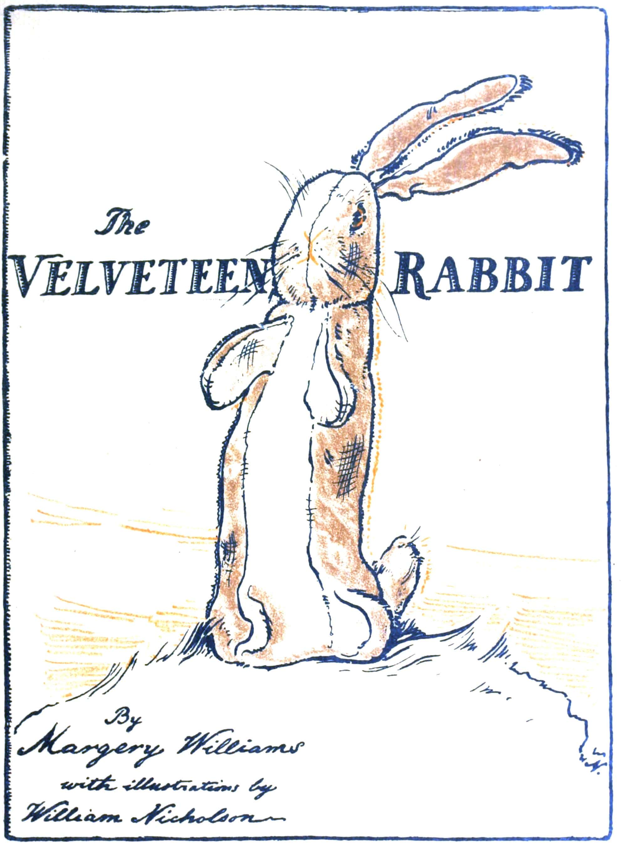 Cover to the 1922 first edition of The Velveteen Rabbit, showing the titular stuffed toy sitting upright on a white background