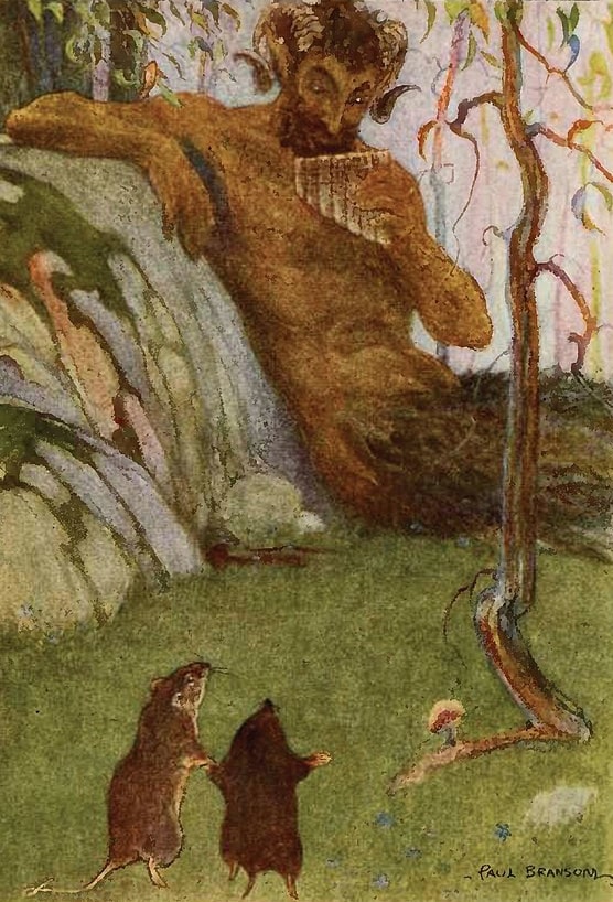 Rat and Mole look up in awe at a faun sitting against a rock and playing pan-pipes.