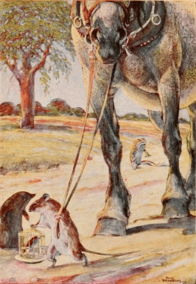 Rat grabs the reins of Toad's horse and prepares to pull it, while Mole looks over at Toad, sitting sadly at the roadside.