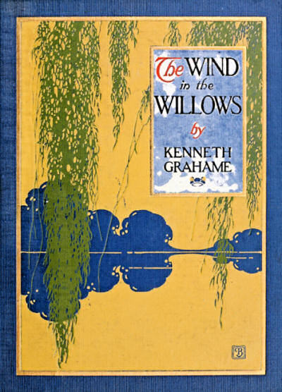 Cover for The Wind in the Willows by Kenneth Grahame, showing a stylized illustration of trees on the far shore of a river in a golden sunset, with hanging willow branches in the foreground.