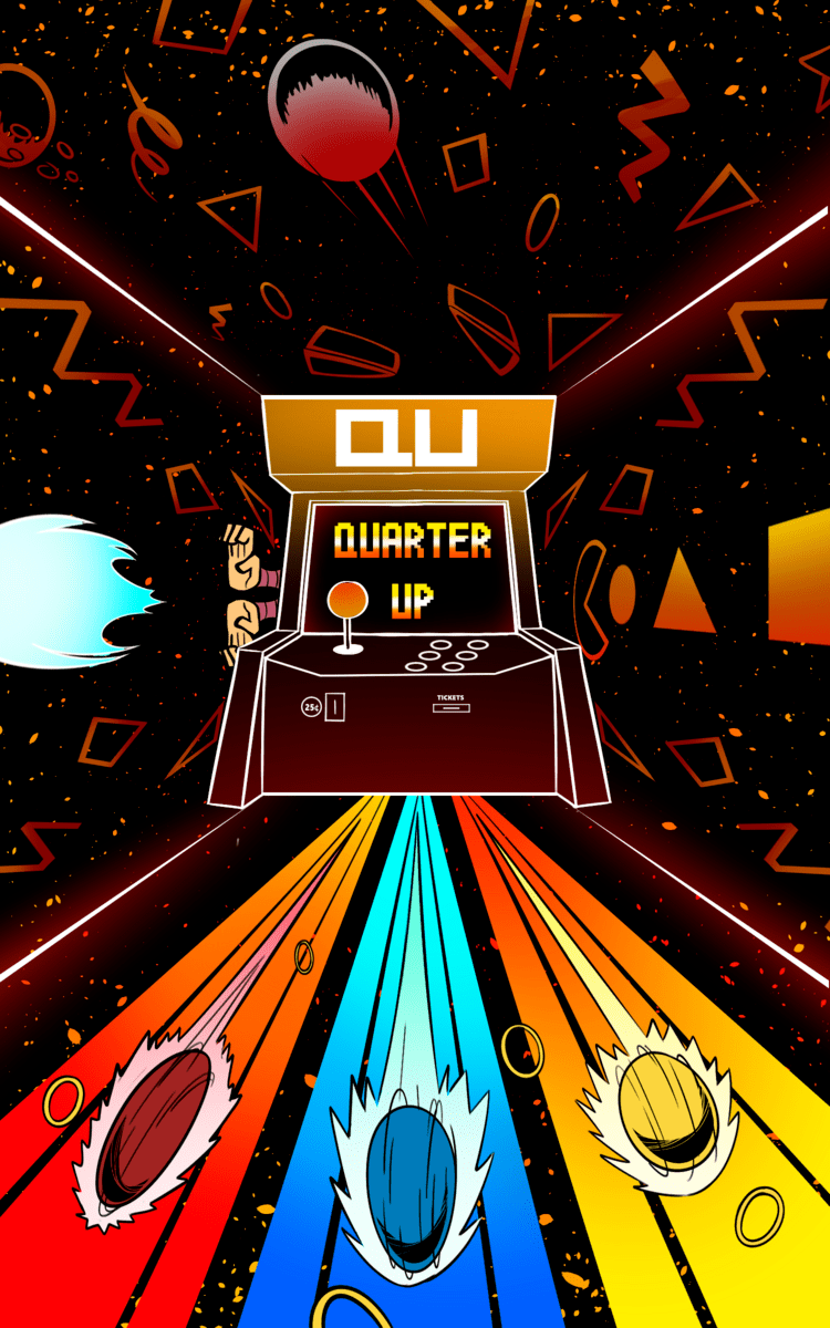 Cover art for Issue One of Quarter Up! magazine by Christopher Jacobs. Three different-colored pinballs shoot out from beneath an arcade cabinet with the words 'Quarter Up' on the screen.