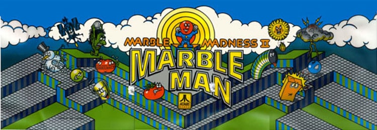 Marquee for an arcade cabinet showing Marble Man, the Marble Madness Mascot.