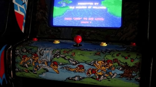 Photograph of lower cabinet artwork for the arcade game Mystic Marathon.