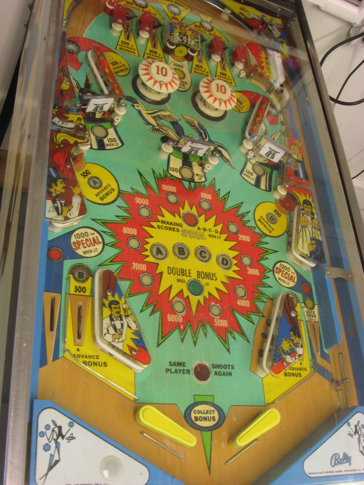 Photo of the playfield of a Hokus Pokus pinball machine at Buffalo’s Last Stand in Cope, Colorado