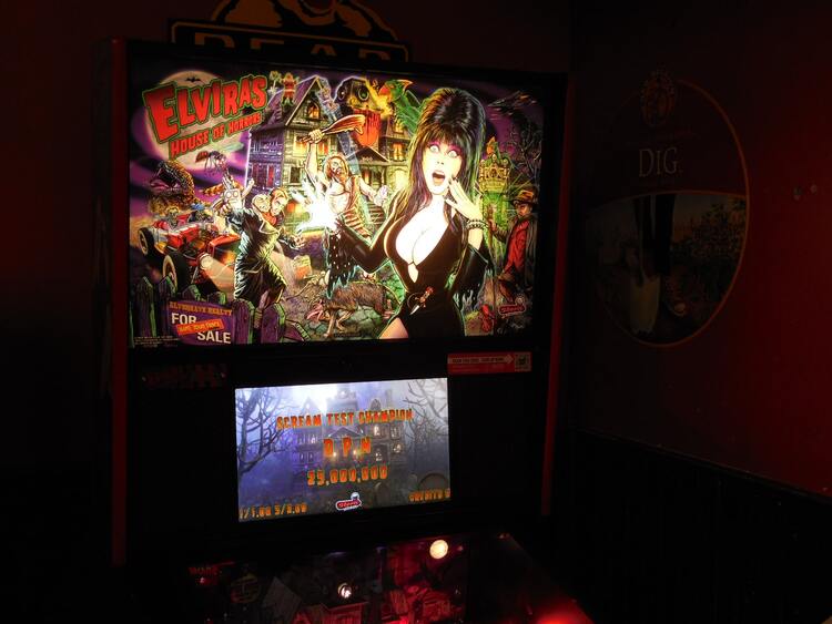 Photograph of an Elvira’s House of Horrors pinball machine in Pine Junction, Colorado.