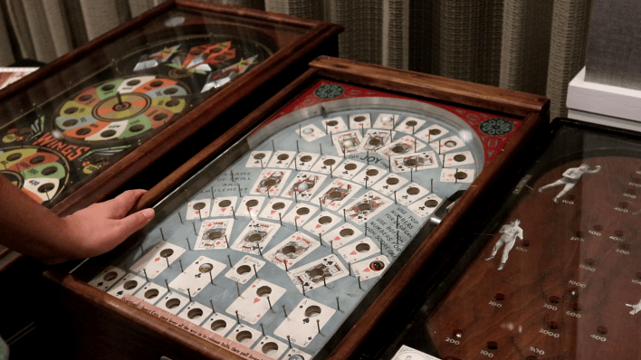 Photo of a pin game (precursor to pinball) from 1930 at the 2022 Houston Arcade Expo.