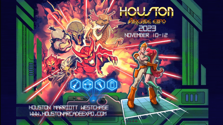 Ad for Houston Arcade Expo 2023, showing several pinball/arcade characters, including characters from the Don Bluth laserdisc game Space Ace. The dates are November 11 and 12, 2023, and the location is Houston Marriott Westchase. The website for the event is wwww.houstonarcadeexpo.com.