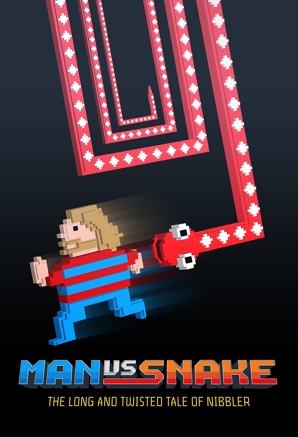 Movie poster for Man vs Snake, the Long and Twisted Tale of Nibbler. It shows the 8-bit Nibbler in a square coil shape, chasing an 8-bit depicton of a man running.