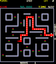 Screenshot of the Rock-ola game Nibbler, showing the titular Nibbler snaking its way through a maze. 