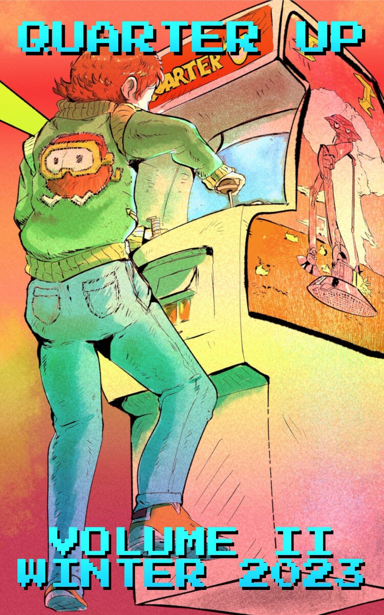 Cover for Issue #5 of Quarter Up, illustration by Pencilforge. Illustration shows a bottom-up isometric perspective on a young man in blue jeans and a pilot's jacket playing a video arcade cabinet called Quarter Up, against an orange-yellow background. 