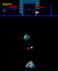 Screenshot of the game Sinistar. The player’s ship is near the center of the screen, with an enemy ship just off to the player’s bottom-left. There is a Planetoid above and below the player’s ship. 